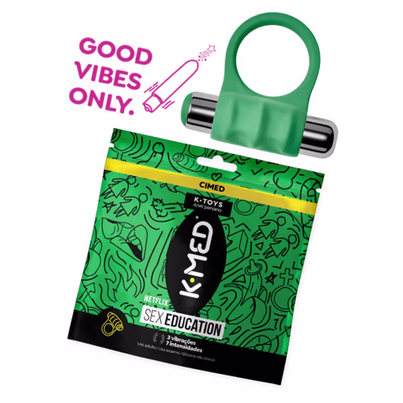 Imagem mostra Anel Peniano Cimed K-Med Sex Education e texto Good Vibes Only