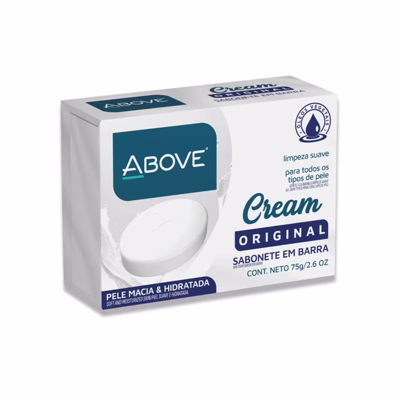 Caixa branca contendo sabonete em barra da marca Above, com rótulo azul escuro e texto "Cream Original". O produto é descrito como de limpeza suave para todos os tipos de pele, com peso líquido de 75g.