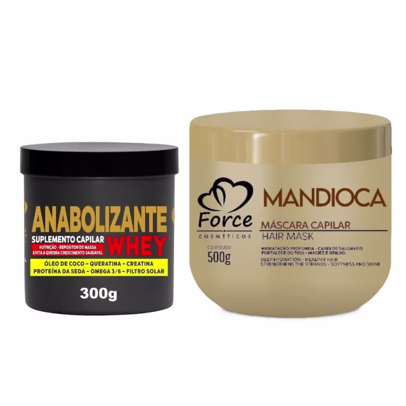 Máscara Fortalecedora Whey + Máscara Capilar Mandioca 500g - Hidratação, Fortalecimento e Crescimento