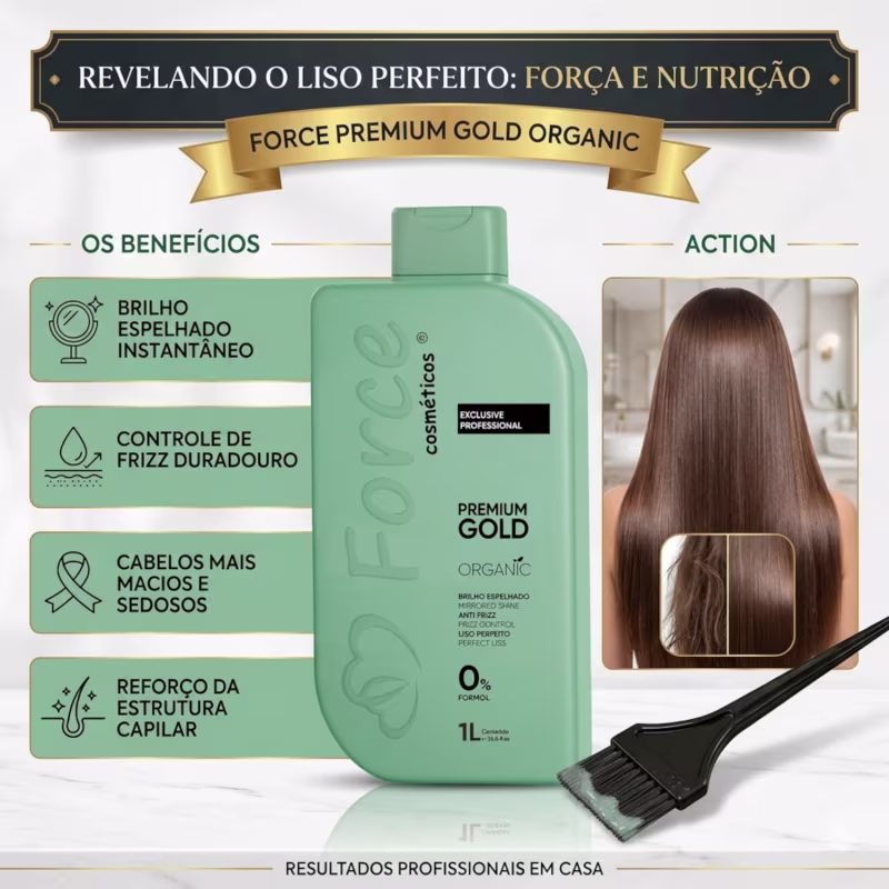 Escova Progressiva Orgânica Premium Gold 1L – Brilho Espelhado e Liso Perfeito