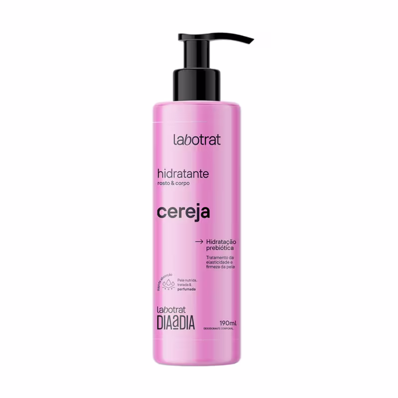 O produto apresentado é um hidratante corporal da marca Labotrat, na cor rosa. O frasco possui um design moderno com um rótulo que destaca o nome do produto "Cereja" e menciona que se trata de uma "Hidratação prebiótica".