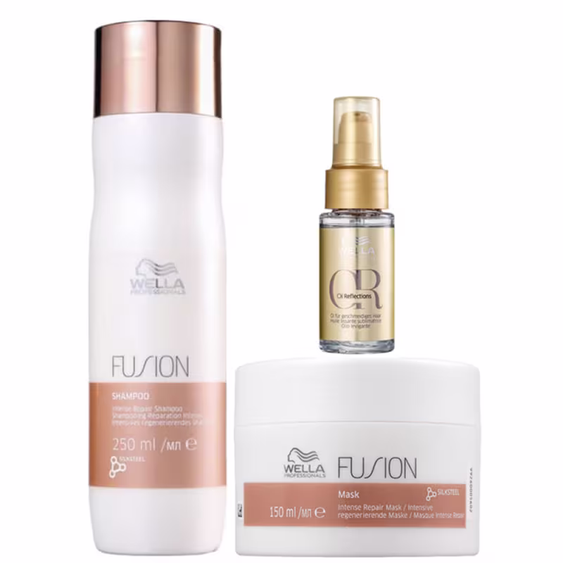 A imagem mostra 2 produtos da linha Fusion da Wella. Um shampoo em um frasco branco e cobre de 250ml, uma máscara em uma pote branco com detalhes em cobre. Acima um óleo capilar dourado em um frasco transparente com aplicador em spray.