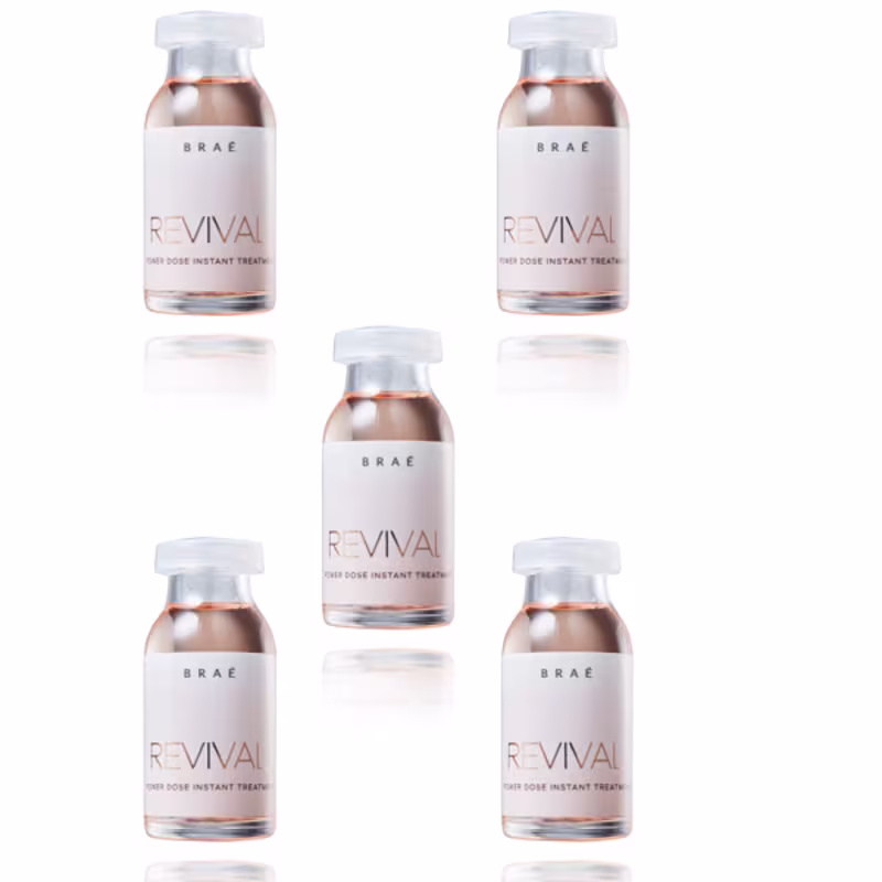 Cinco frascos de tratamento instantâneo da marca Braé, com rótulos brancos e tampas rosadas. Cada frasco contém 13 ml do produto "Revival" da marca.