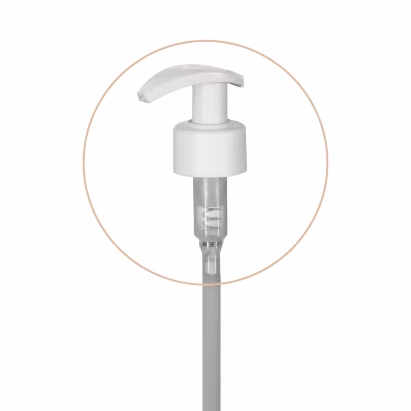 Bomba doseadora plástica transparente e branca para dispensar produtos líquidos ou semilíquidos.