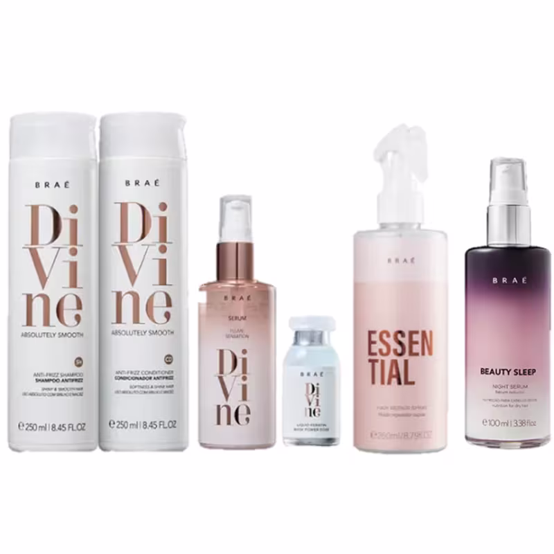 Kit Brae Divine Shampoo e Condicionador 250ml Serum Plume 60ml Ampola 13ml Leave-in Essential 260ml e Beauty Sleep 100ml