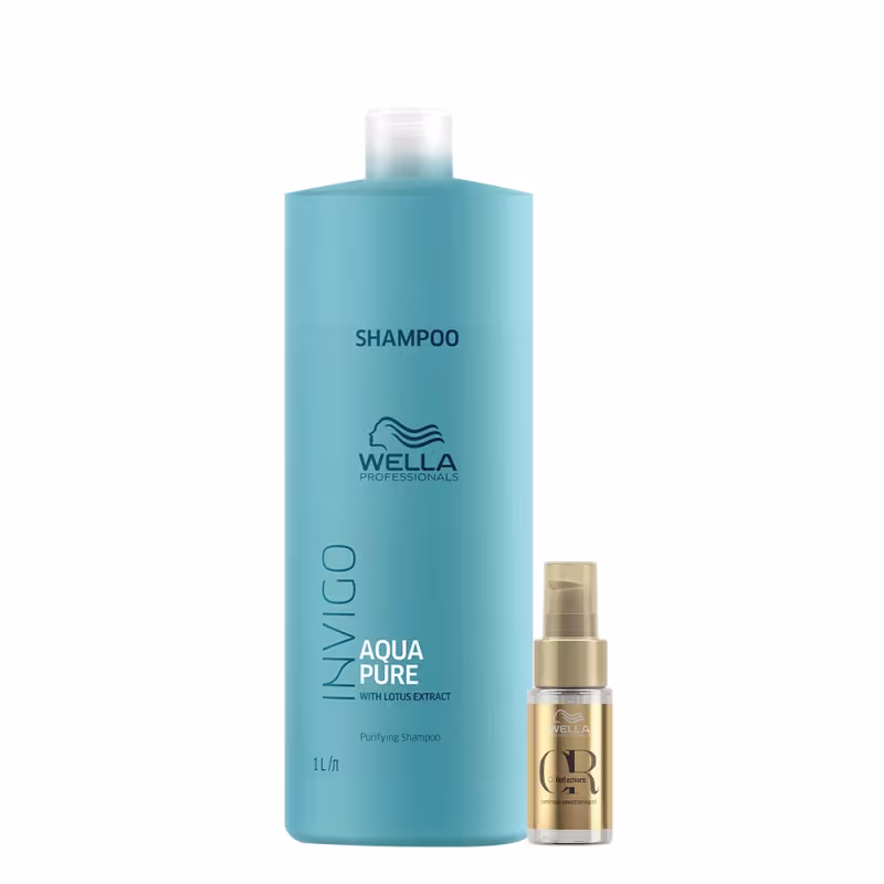 A imagem mostra dois produtos de Wella Professionals. Um shampoo da linha Invigo Aqua Pure. A embalagem é uma garrafa plástica azul de 1 litro. O outro produto é um óleo capilar da linha Oil Reflections em um frasco dourado pequeno.