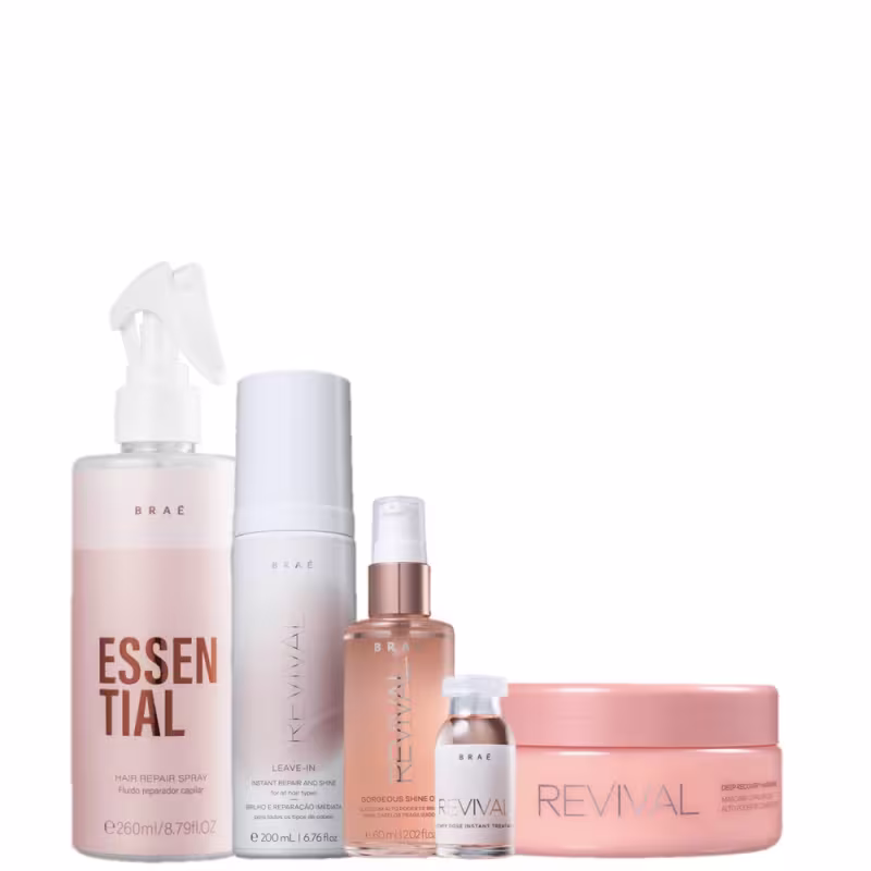 Conjunto de produtos da marca Braé, incluindo leave-in, máscara, óleo, ampola Revival e leave-in Essential.