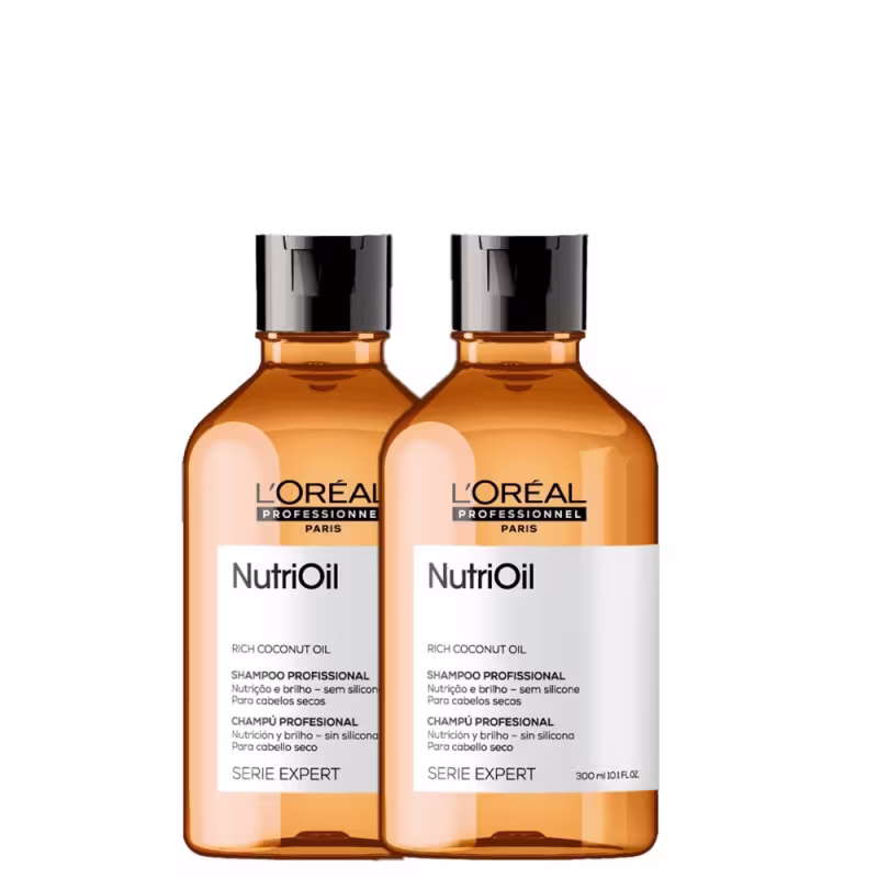 Dois frascos de shampoo profissional L'Oréal Professionnel Nutri-Oil, de 300ml cada, com embalagem de plástico âmbar e tampa preta, contendo óleo de coco rico para cabelos secos.