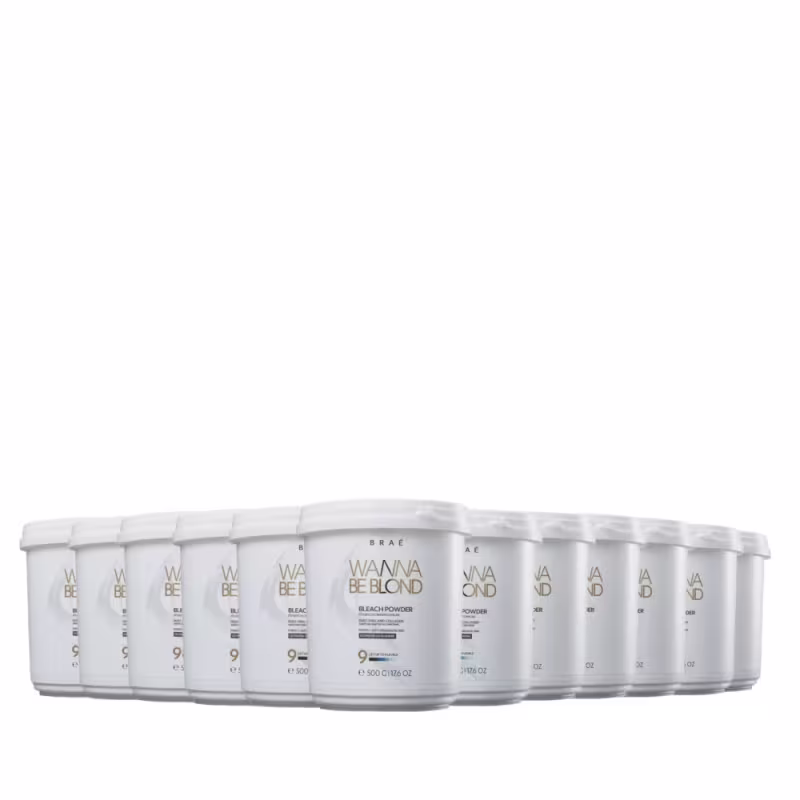 Caixas brancas de pó descolorante da marca Braé, com rótulos em branco e dourado indicando o produto "Wanna Be Blond". Cada caixa contém 9 oz de produto.
