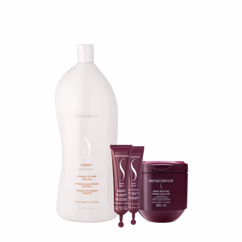Kit Senscience Purify Shampoo 1L Inner Restore Máscara e ampolas C.P.R.