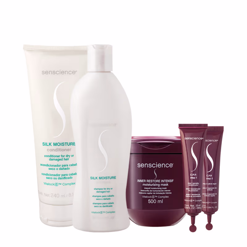 Produtos de tratamento capilar da marca Senscience, incluindo shampoo e condicionador Silk Moisture, máscara Inner Restore Intensif e sistema de tratamento C.P.R. em embalagens brancas e roxas.