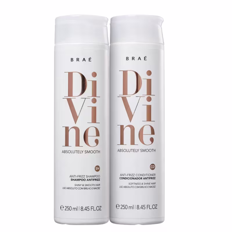 Shampoo e condicionador da linha Divine, da marca Braé, com 250ml cada