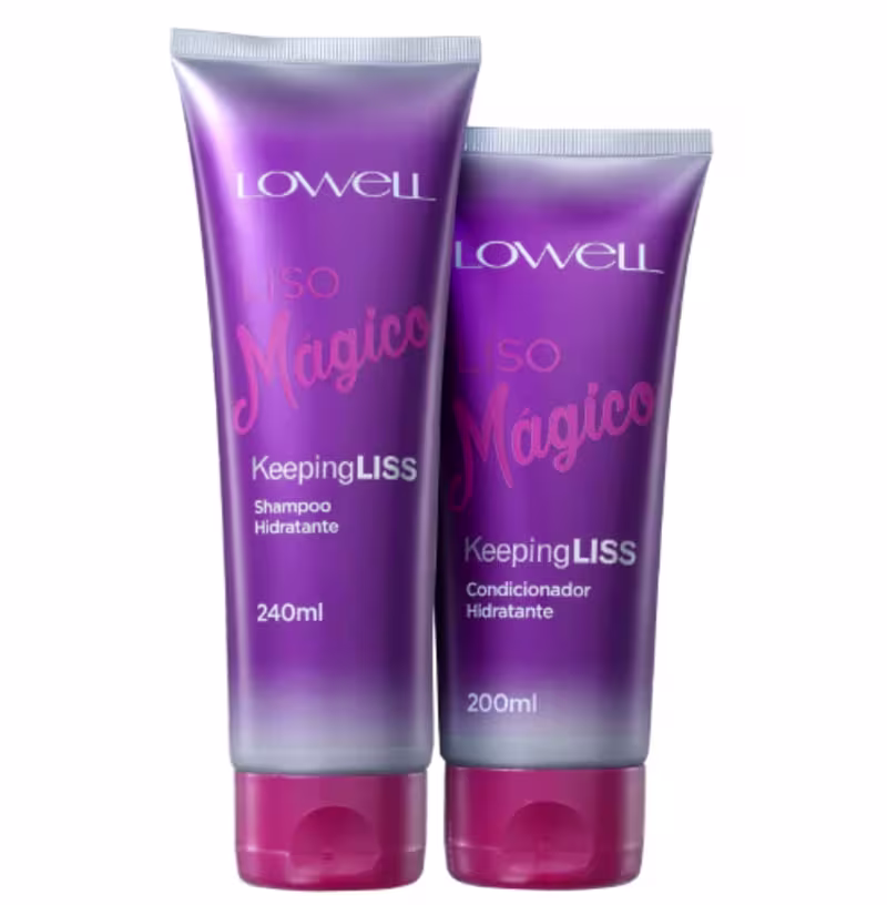 Dois produtos de beleza da marca Lowell: um shampoo hidratante "Liso Mágico Keeping Liss" em embalagem roxa e rosa de 240ml, e um condicionador hidratante "Liso Mágico Keeping Liss" em embalagem roxa e rosa de 200ml.