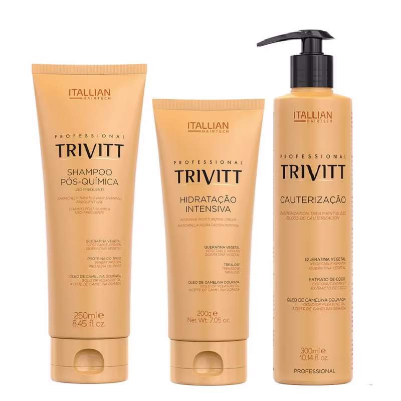 Três produtos da marca Itallian Hairtech: shampoo pós-química, creme hidratante intensivo e tratamento de cauterização, em embalagens de plástico com design minimalista em tons de amarelo e preto.