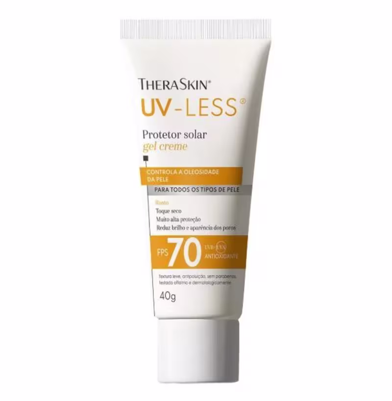 Tubo branco de protetor solar em gel-creme da linha UV-Less da TheraSkin, com FPS 70