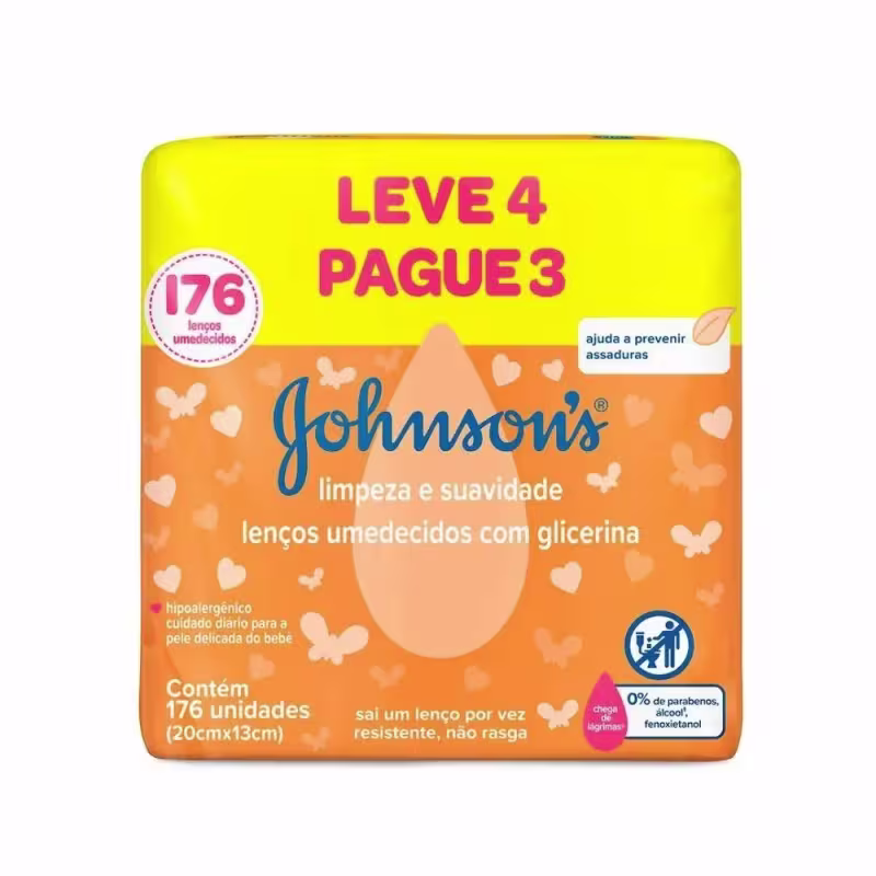 Kit Lenços Umedecidos Johnson's Limpeza e Suavidade 4 pacotes de 44 unidades cada