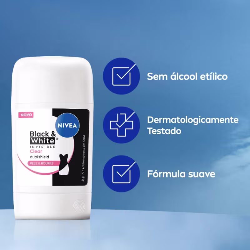 Desodorante Antitranspirante Nivea Stick Black & White Invisible Clear Peles e Roupas 72h 54g