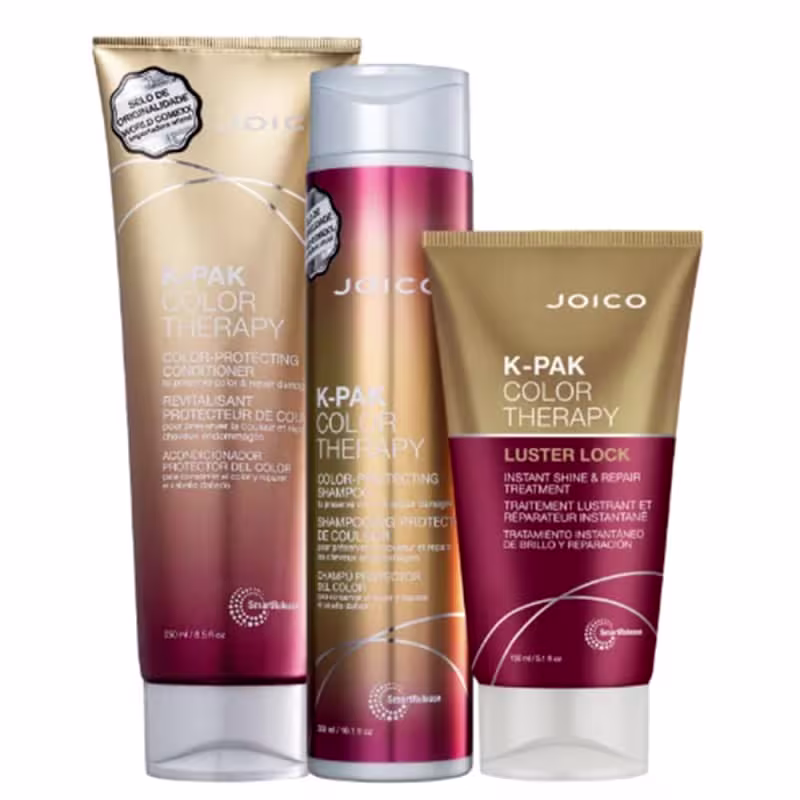 A imagem mostra produtos da linha K-PAK Color Therapy da marca Joico: shampoo de 300ml, condicionador de 250ml e máscara de 150ml