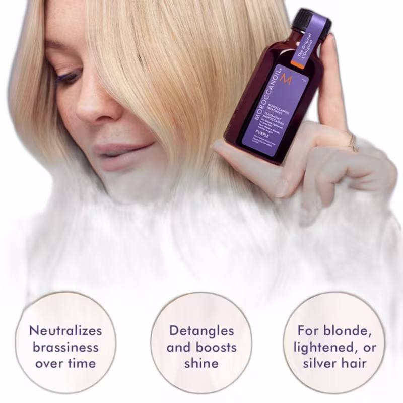 Neutralizes brassiness over time. Detangles and boosts shine. For blonde, lightened, or silver hair.