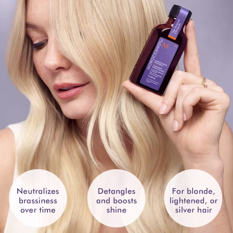 Neutralizes brassiness over time. Detangles and boosts shine. For blonde, lightened, or silver hair.
