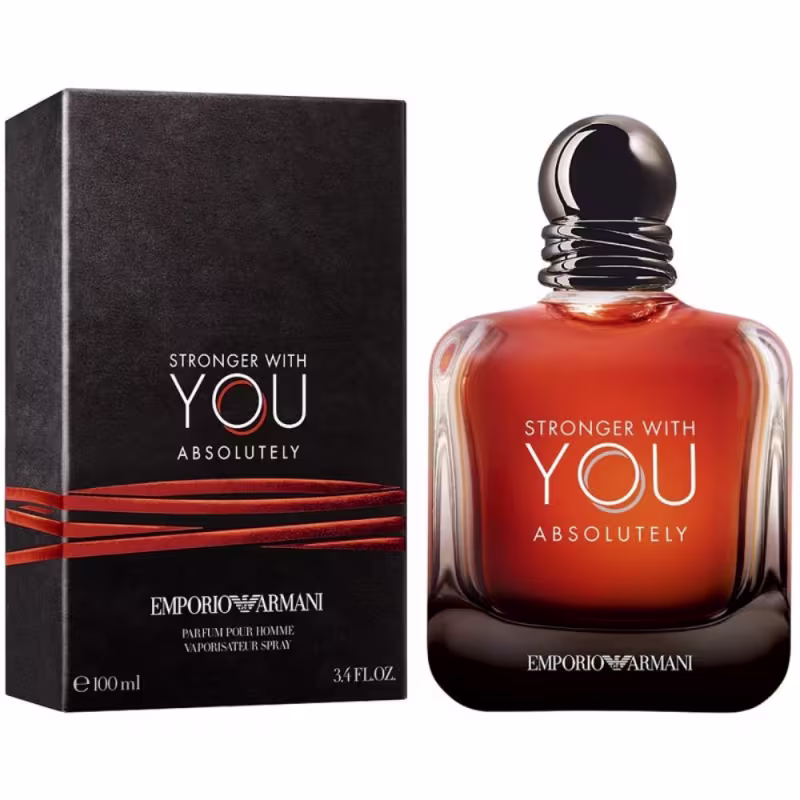 Frasco de perfume masculino da marca Emporio Armani, chamado "Stronger with You Absolutely", com embalagem preta e laranja, contendo 100 ml do produto.