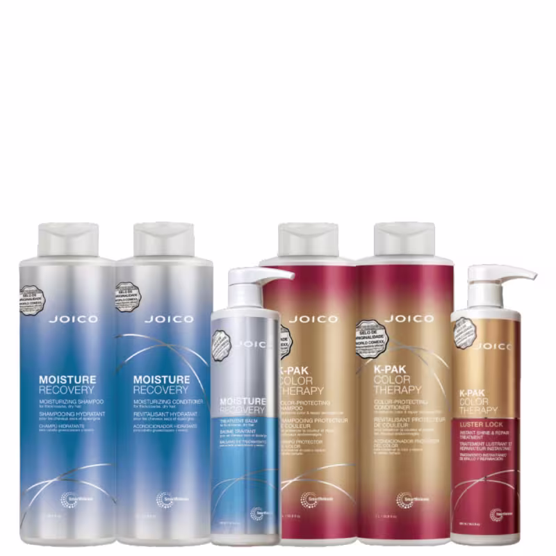 A imagem mostra shampoo 1 litro, condicionador 1 litro e máscara 500ml da linha K-PAK Color Therapy da Joico; e shampoo 1 litro, condicionador 1 litro e máscara 500ml da linha Moisture Repair.