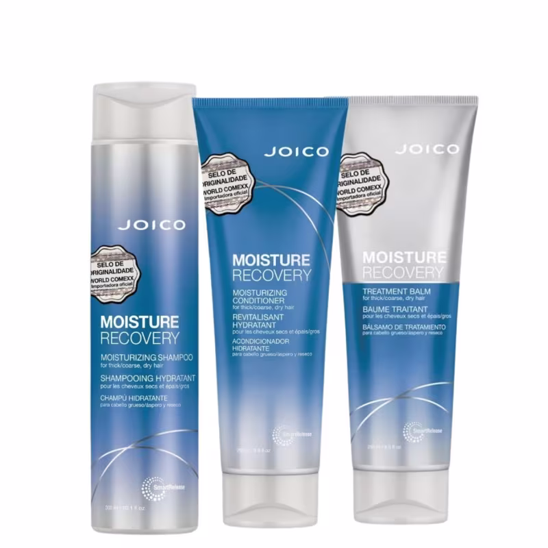 A imagem mostra um condicionador em um tubo azul e prateado de 250ml. O segundo é uma máscara capilar em um tubo prata e azul de 250ml. O terceiro é um shampoo em um frasco azul de 300ml.