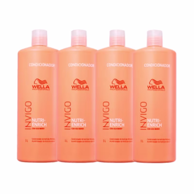 Quatro frascos de condicionador Wella Professionals Nutri-Enrich, com embalagem de plástico laranja e branco, exibindo o logotipo da marca em destaque.