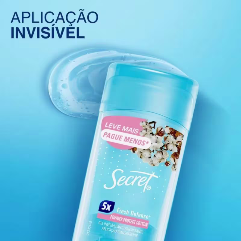 Aplicação invisível. Leve mais, pague menos*. Secret 5x Fresh Defense* Powder Protect Cotton Gel invisível e transparente.