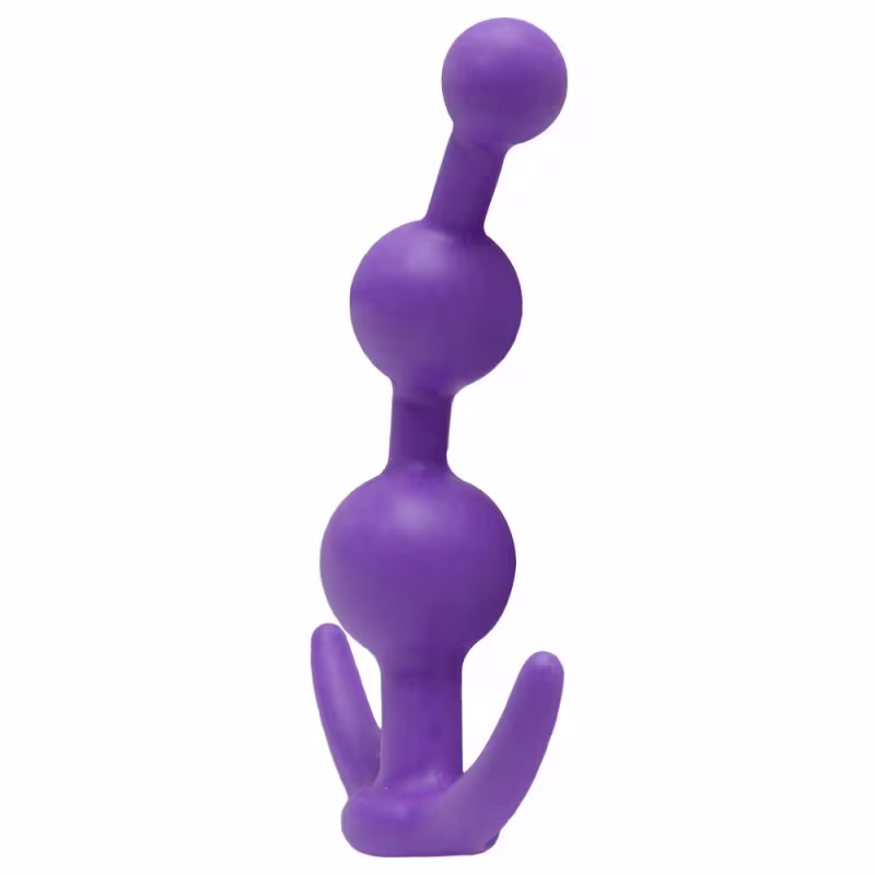 Sex toy. Plug anal com três esferas de diferentes tamanhos no seu comprimento e base em formato de âncora. Suas medidas são 13cm x 3cm.
