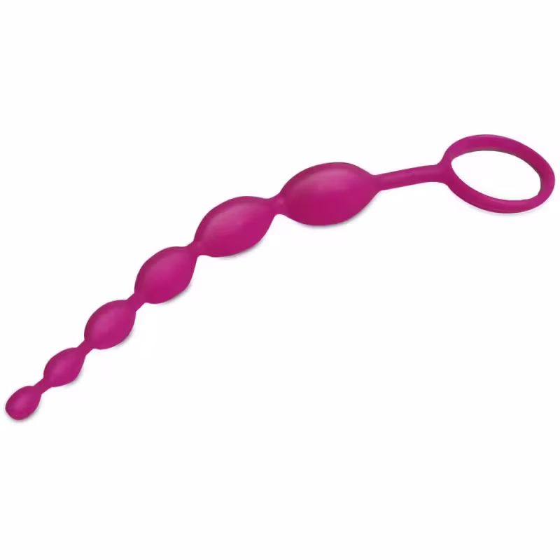 Trata-se de um acessório íntimo de silicone com formato ondulado e alça. O produto possui design discreto e minimalista, adequado para uso pessoal.