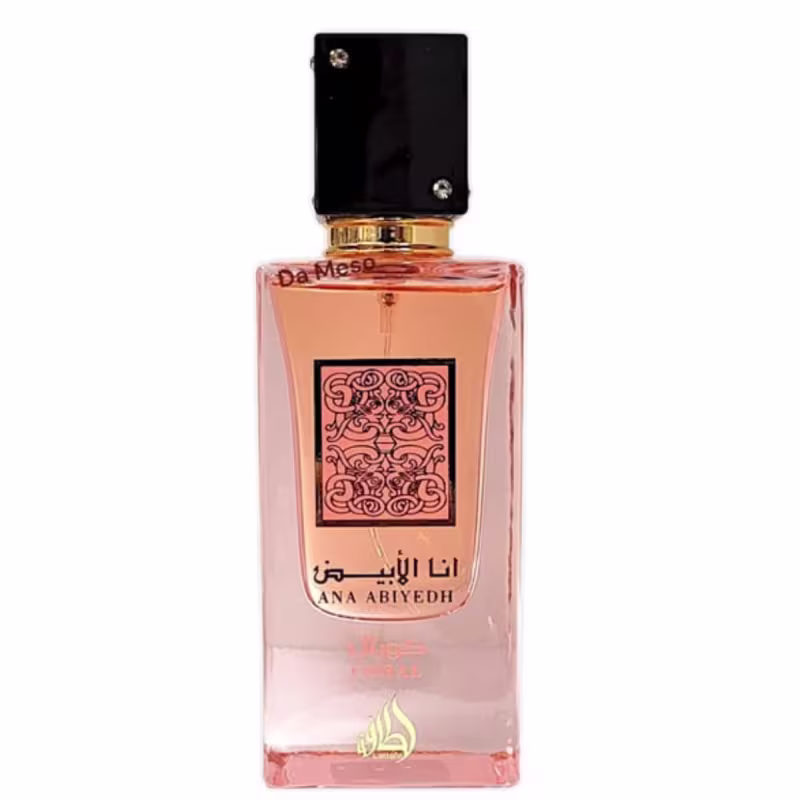 Frasco de perfume da marca Lattafa Perfumes, com design elegante em tons de laranja e preto. O rótulo apresenta o nome "Ana Abiyedh" em árabe e um padrão decorativo. O frasco possui tampa preta e formato retangular.