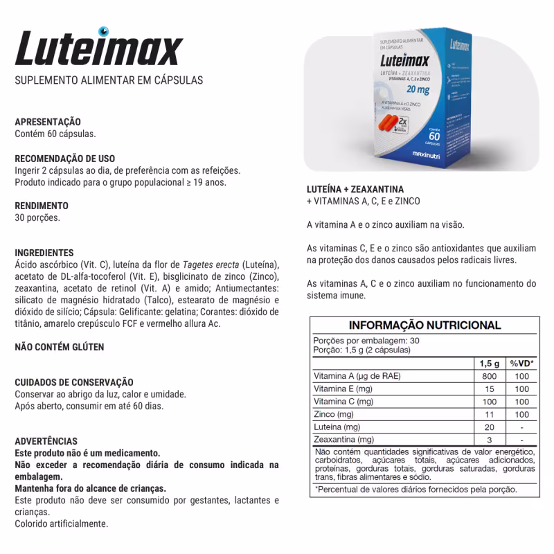 Kit 02 Luteimax Luteína Zeaxantina 20mg Maxnutri 60 Capsulas