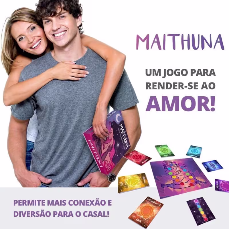 A imagem apresenta um jogo de cartas e outros itens relacionados ao tema do amor e da conexão entre casais. O texto destaca que o jogo é "um jogo para render-se ao amor!" e menciona que o produto permite "mais conexão e diversão para o casal".