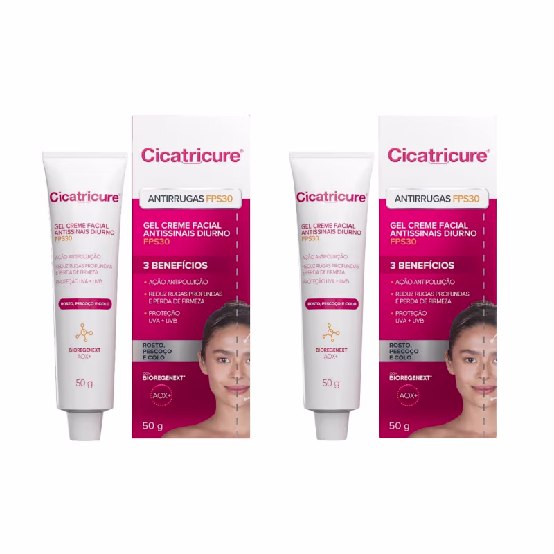 Dois tubos de gel creme facial antissínais diurno Cicatricure FPS30, com ação antipoluição, redução de rugas profundas e proteção UV. Embalagem em caixa rosa com detalhes em branco e texto informativo sobre os benefícios do produto.