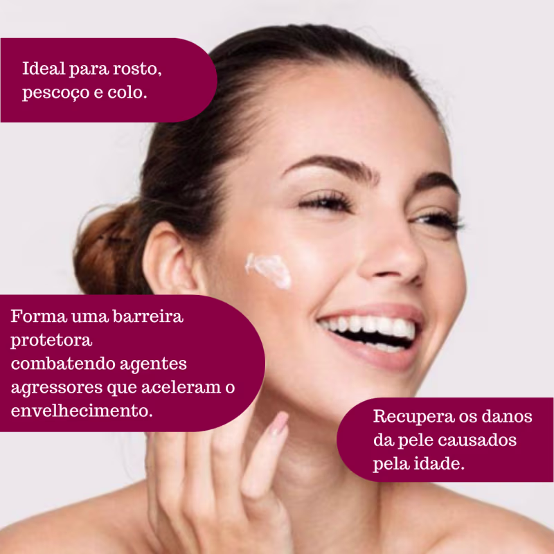 Ideal para rosto, pescoço e colo. Forma uma barreira protetora combatendo agentes agressores que aceleram o envelhecimento. Recupera os danos da pele causados pela idade.