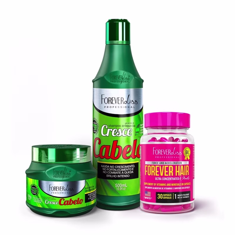 Kit Cresce Cabelo com MÃ¡scara, Shampoo E Forever Hair