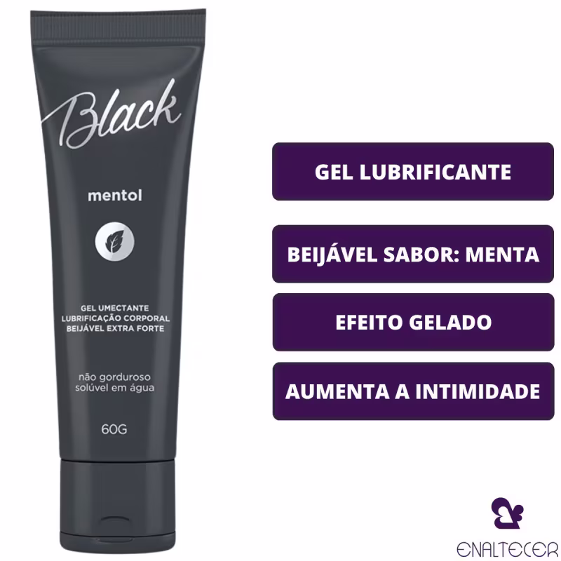 O produto apresentado é um gel lubrificante, com sabor de menta. Texto destaca as principais características do produto, como "Gel lubrificante", "Beijável sabor: menta", "Efeito gelado" e "Aumenta a intimidade".