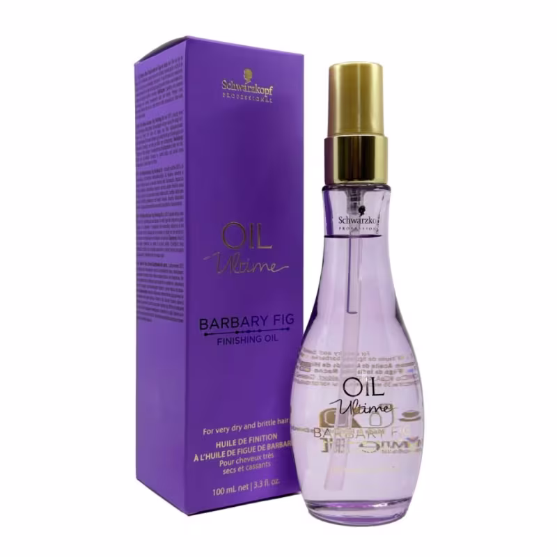 Frasco de óleo finalizador Schwarzkopf Professional Oil Ultime Barbary Fig, com embalagem roxa e detalhes dourados, contendo 100 ml do produto.