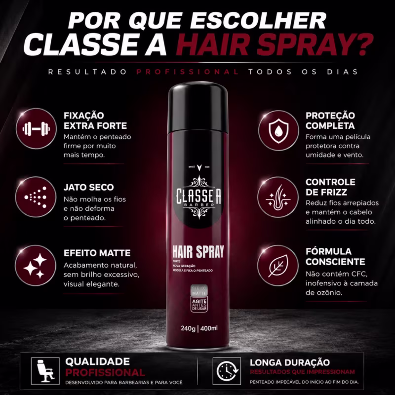 Hair Spray Fixador Classe A Barber Extra Forte 400ml Matte