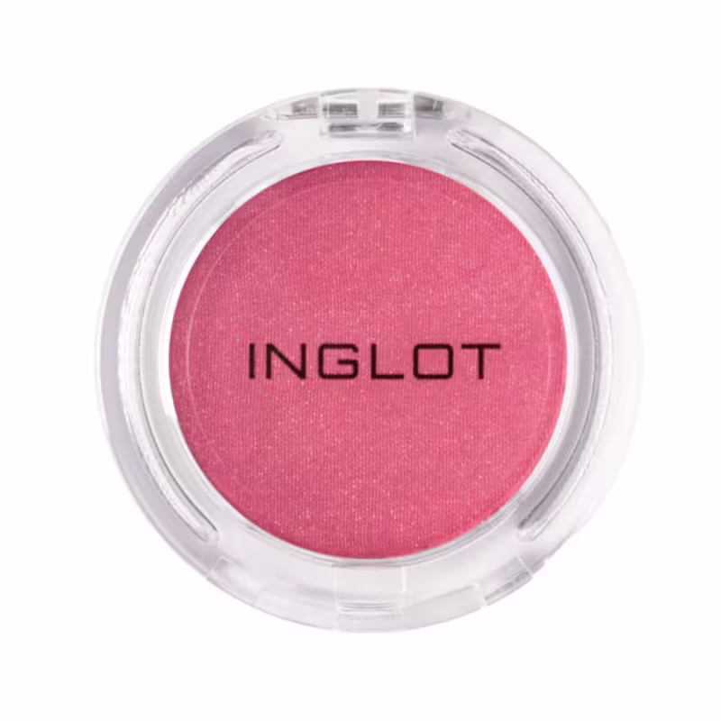 Blush compacto da marca INGLOT em embalagem redonda transparente, com a marca impressa em vermelho escuro sobre fundo rosa vibrante.
