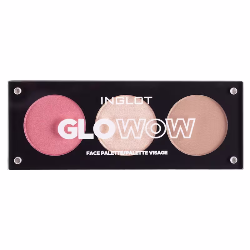 Paleta de maquiagem INGLOT Glowow com dois tons de blush e um iluminador em embalagem preta com texto branco destacado.