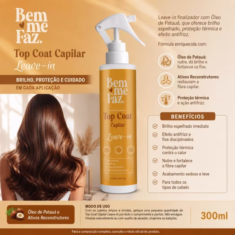 Leave-in Top Coat Capilar 300ml Bem Me Faz Óleo Patauá
