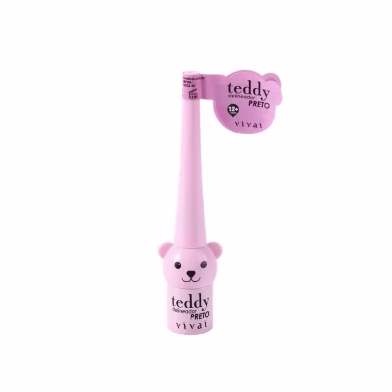 Delineador Preto Teddy Vivai, Design Urso Rosa, Ponta Fina