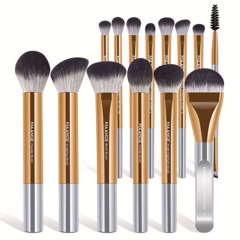 Kit 14 Pincéis Maquiagem MAANGE Base Sombra Corretivo Blush Premium - Dourado Prateado