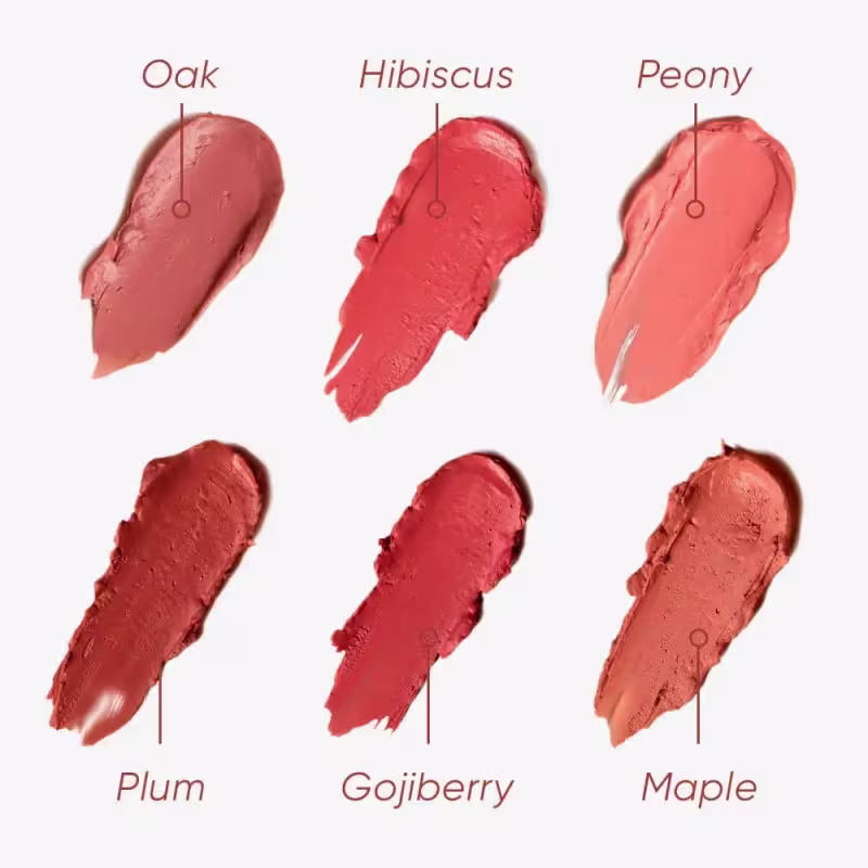 A imagem mostra seis diferentes amostras de tons de vermelho, laranja e rosa. Cada amostra está identificada com um nome, como Oak, Hibiscus, Peony, Plum, Gojiberry e Maple.