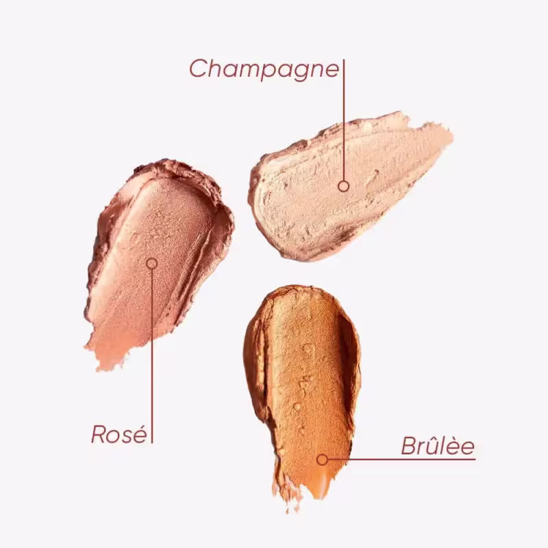 A imagem apresenta três amostras das cores: Champagne, Rosé e 
Brûlée