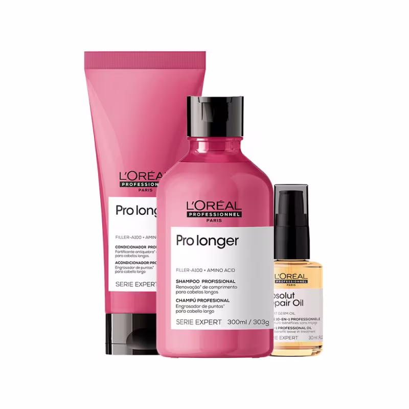 Kit L'Oréal Professionnel Pro Longer + Absolut Repair Triple Care, 3 produtos.