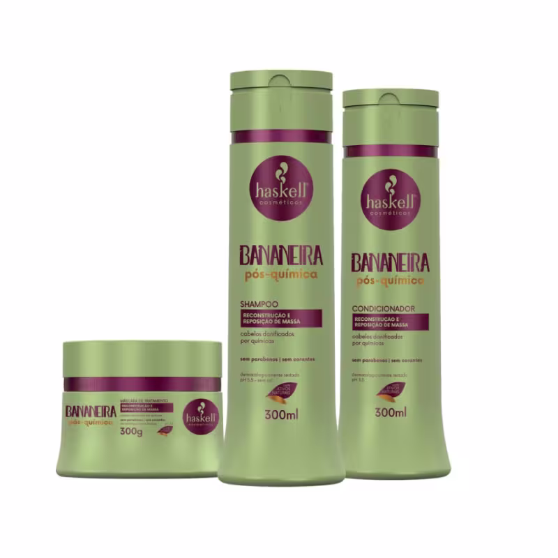Kit Shampoo Condicionador e Máscara Bananeira Pós Química Cabelos Danificados Haskell  300ml