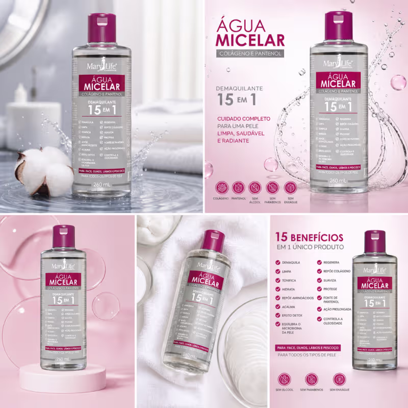 Água Micelar Demaquilante Colágeno e Pantenol 15 em 1 260ml Mary Life